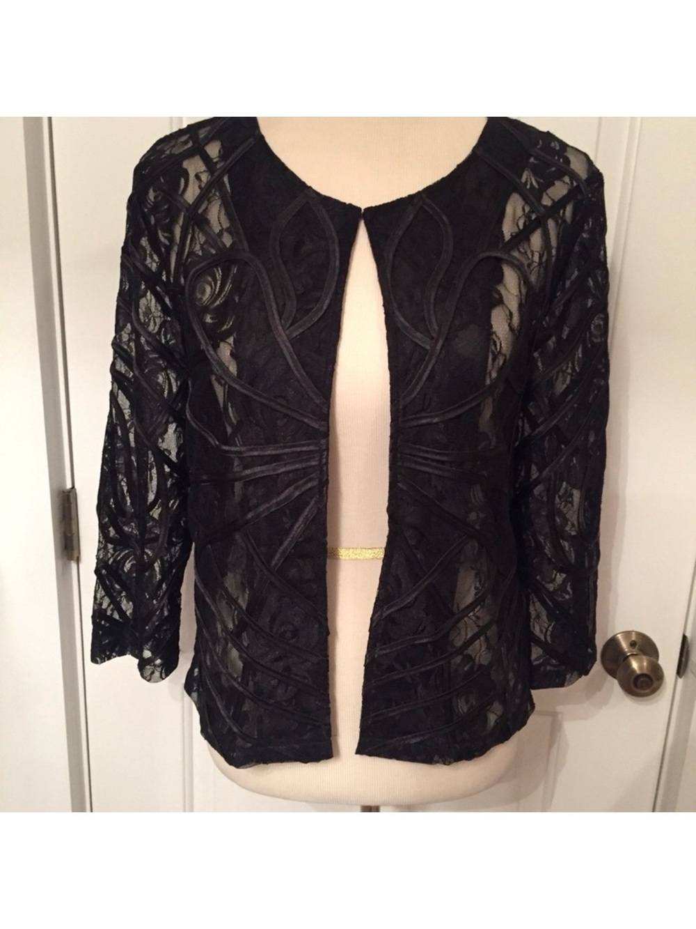 DAMEE INC. JACKET TOPPER BLACK SHEER LACE FLORAL RIBBON COAT Size M
